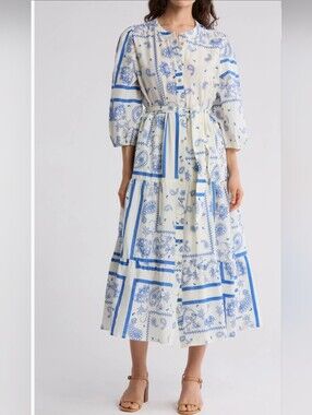 Ellen Tracy Blue and White Bandana-Print Midi Dress